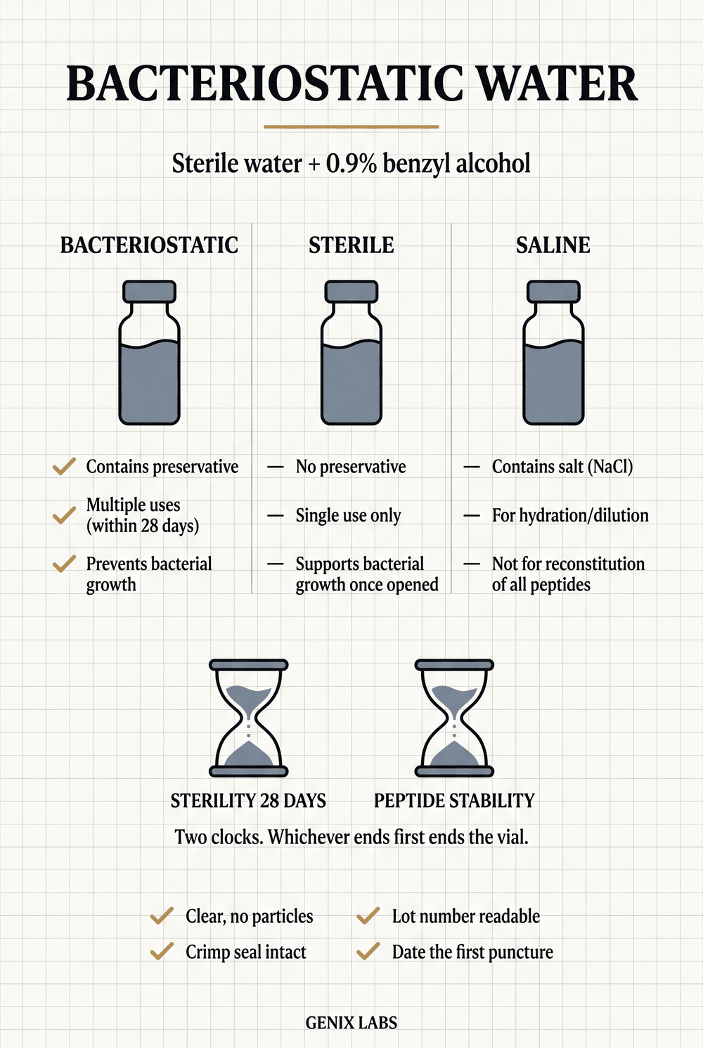 Bacteriostatic water infographic comparing bacteriostatic water, sterile water and saline, with the 28 day first-puncture rule and storage checklist