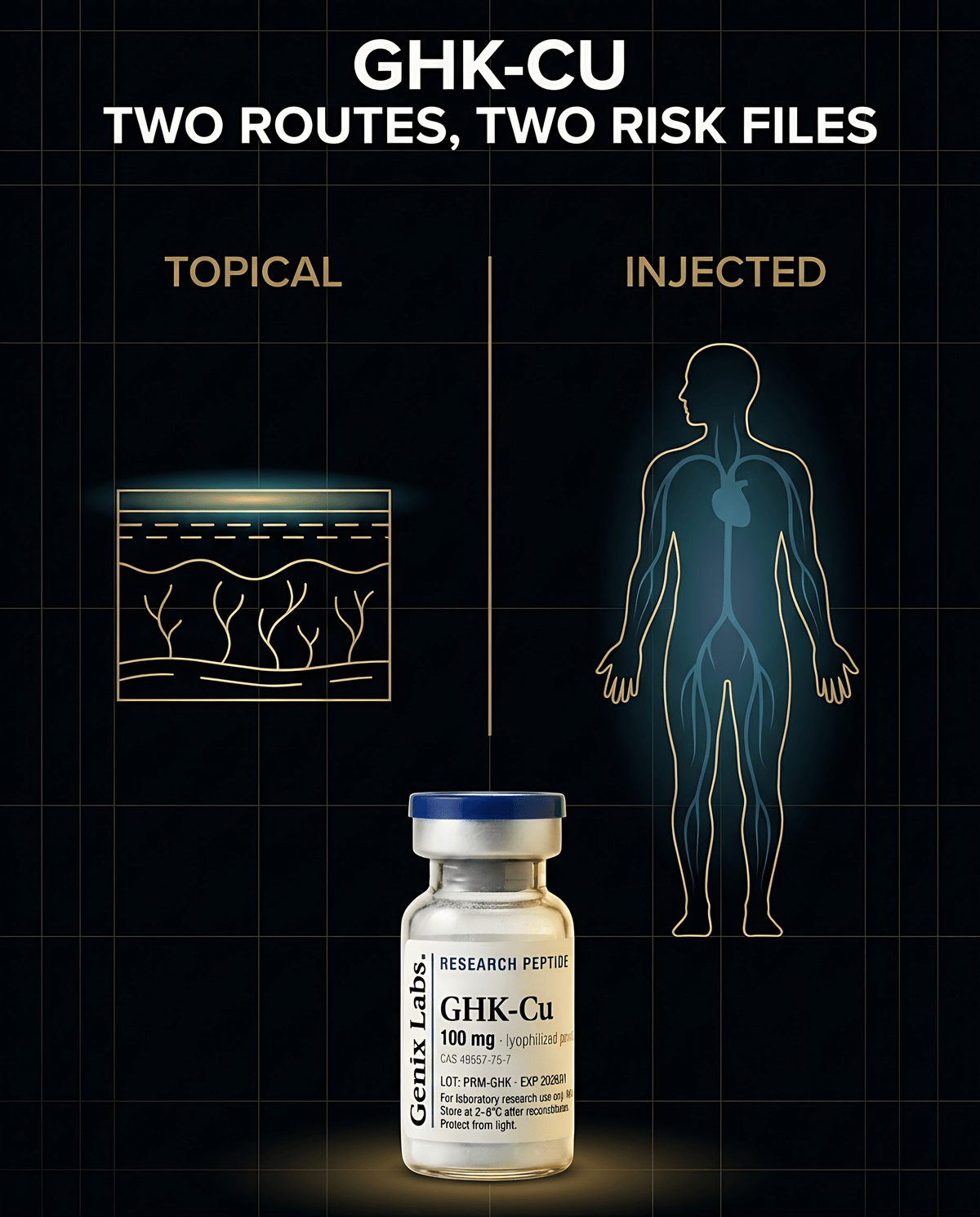 GHK-Cu side effects infographic comparing the topical route, where exposure stays in a thin surface layer of skin, with the injected route, where exposure spreads through the whole body, beside a Genix Labs GHK-Cu 100mg research vial