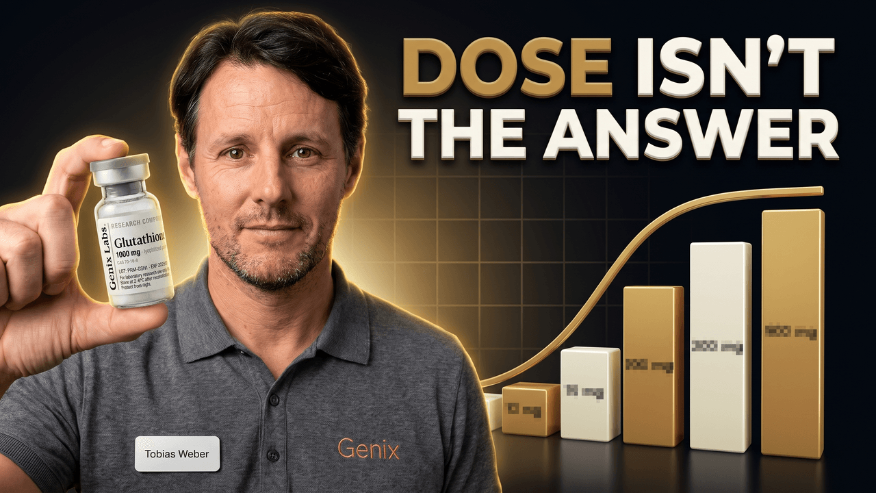 Glutathione dosage explained, showing a Genix Labs glutathione vial beside a rising dose ladder where the published milligram amounts stop predicting the result