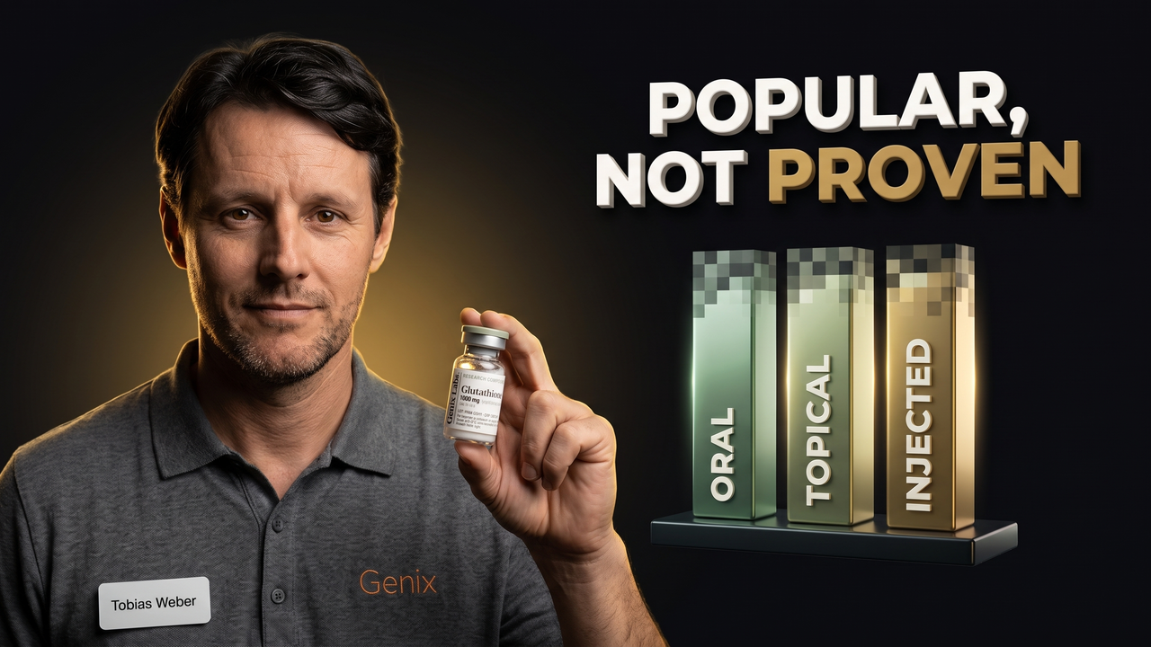 Glutathione injection evidence explained, showing a Genix Labs glutathione vial beside a chart of oral, topical and injected research support