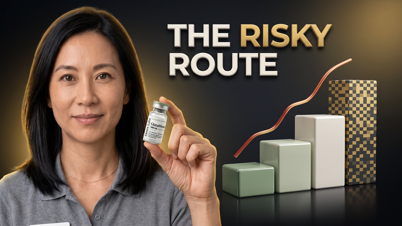 Glutathione side effects graded by route, showing a Genix Labs glutathione vial beside a route ladder from oral tablets up to the intravenous drip
