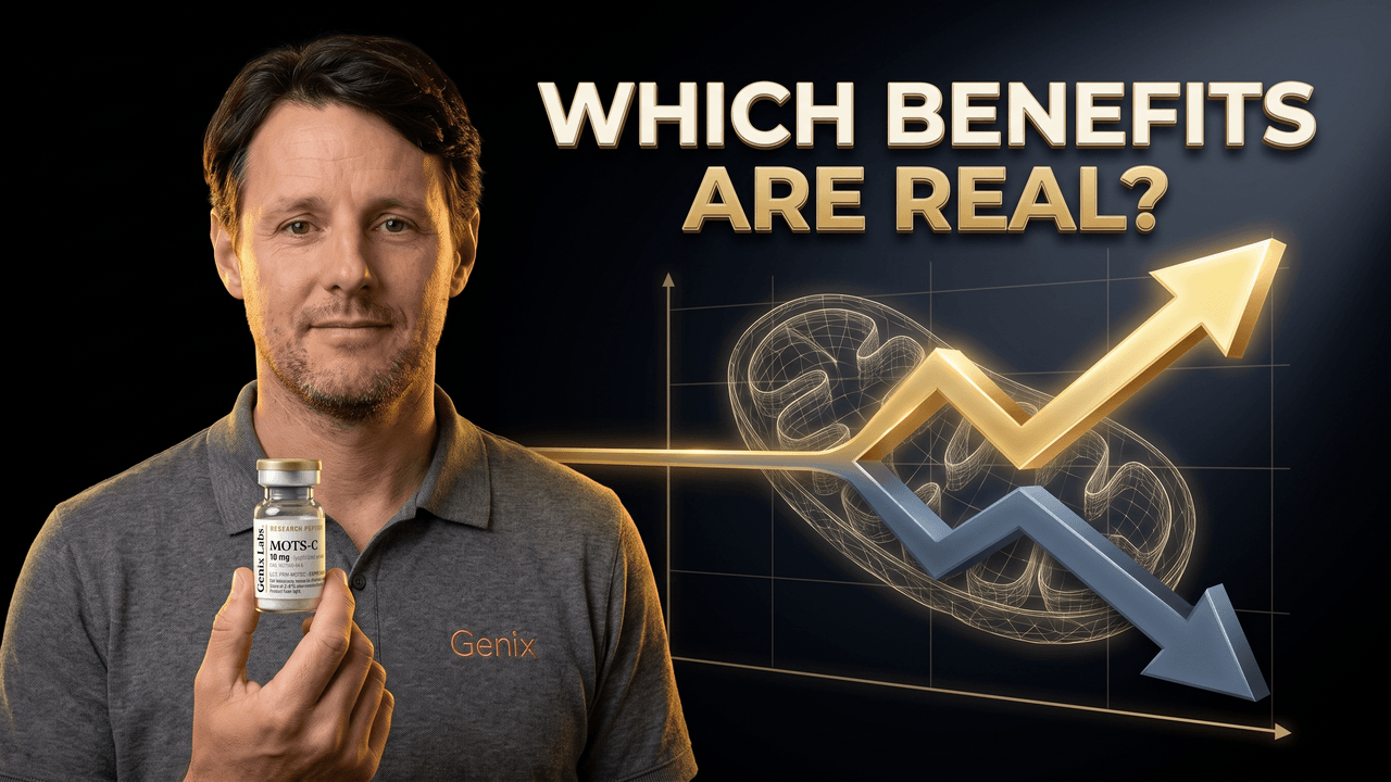 MOTS-c benefits explained with a Genix Labs MOTS-C vial and a data line splitting into two opposite directions