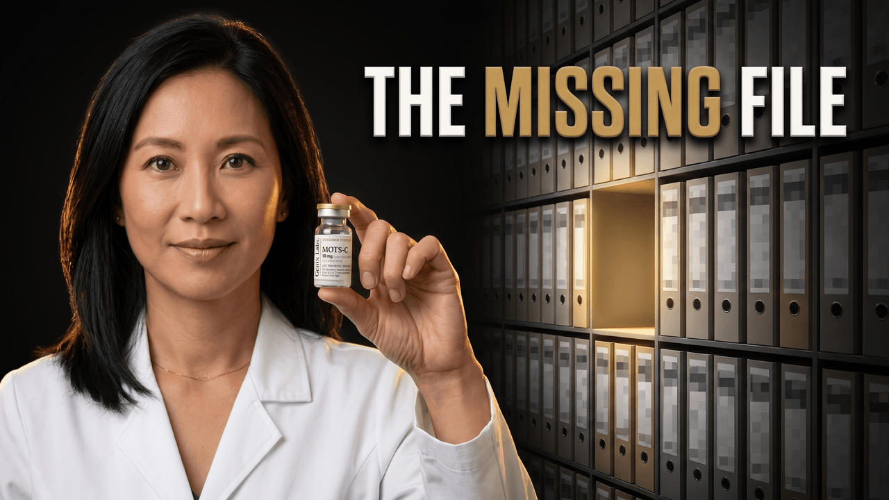 MOTS-c side effects explained, with a Genix Labs MOTS-C vial beside a safety dossier where most of the findings are missing