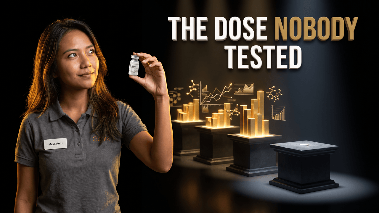 NAD+ dosage explained, showing a Genix Labs NAD+ 1000mg vial beside a rising dose ladder where the published milligram amounts stop predicting the result