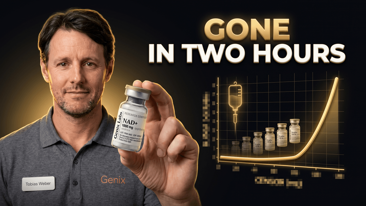 NAD+ injection explained, showing a Genix Labs NAD+ 1000mg vial beside a plasma concentration curve that stays flat for the first two hours of an infusion