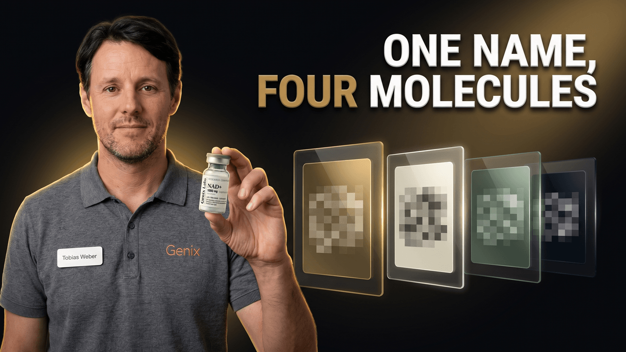 NAD+ side effects explained by molecule, with a Genix Labs NAD+ vial beside four separate censored evidence files for NAD+, NMN, nicotinamide riboside and nicotinamide