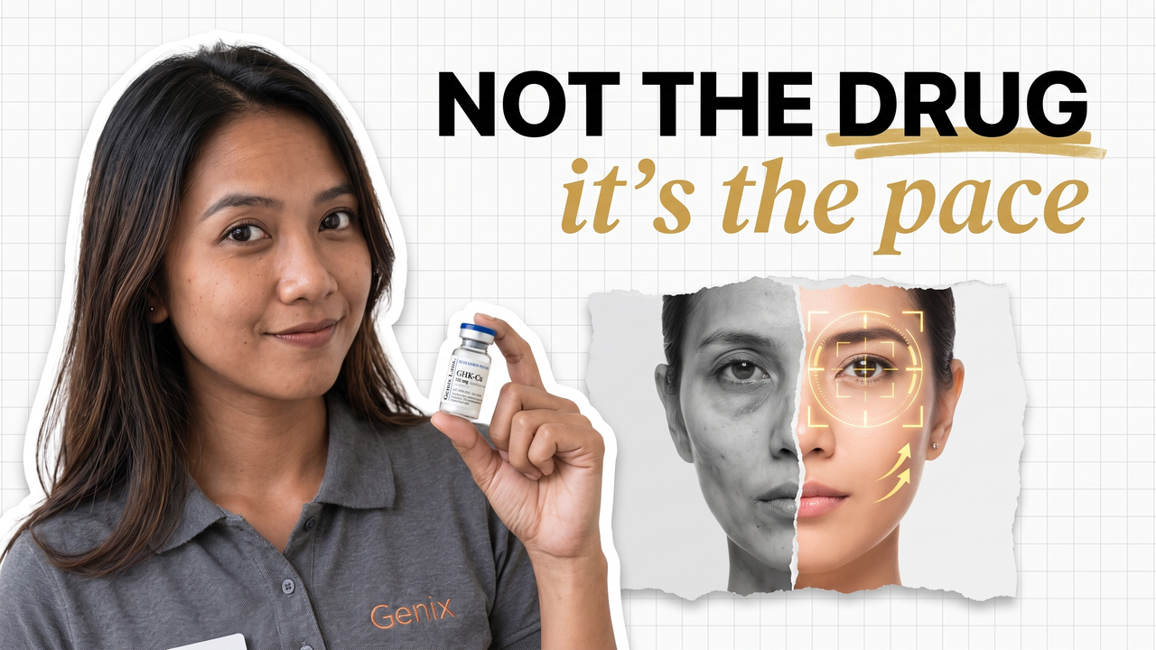 Ozempic face explained: facial volume loss from fast GLP-1 weight loss, next to a Genix Labs GHK-Cu skin peptide vial