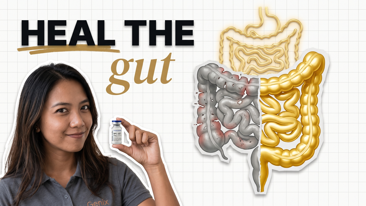 Peptides for gut health with a Genix Labs BPC-157 and TB-500 research vial, showing a repaired gut lining