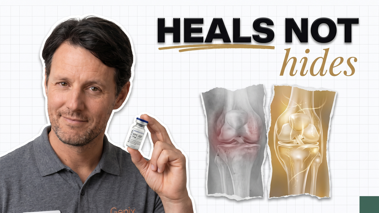 Peptides for joint pain with a Genix Labs BPC-157 and TB-500 research vial beside a healing knee joint