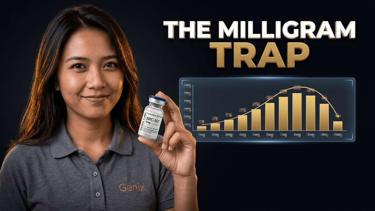 TB-500 dosage research explained with a Genix Labs BPC-157 and TB-500 vial and a dose response curve