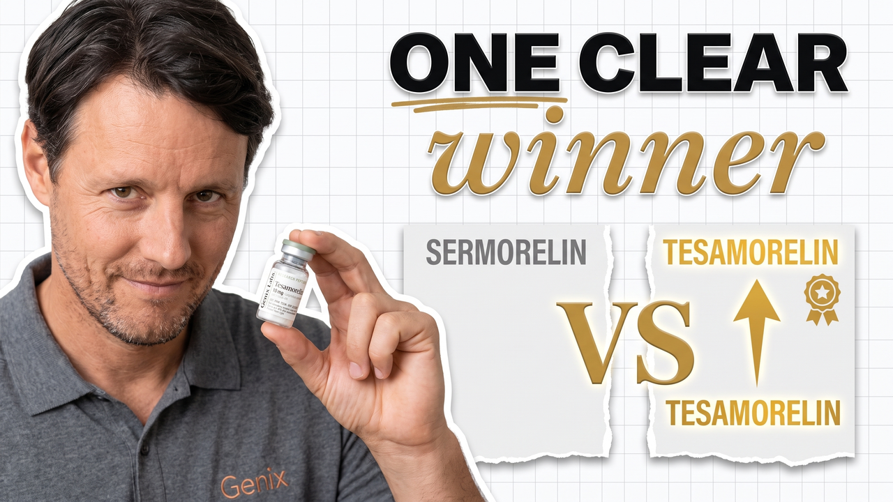 Tesamorelin vs sermorelin research peptide comparison from Genix Labs, two GHRH growth-hormone peptides