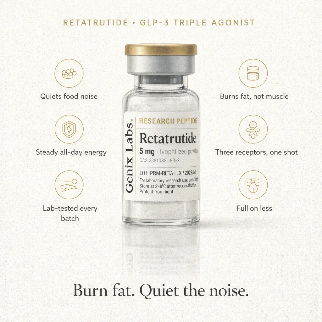 Retatrutide benefits: quiets food noise, burns fat not muscle, steady all-day energy, three receptors in one shot, lab-tested every batch