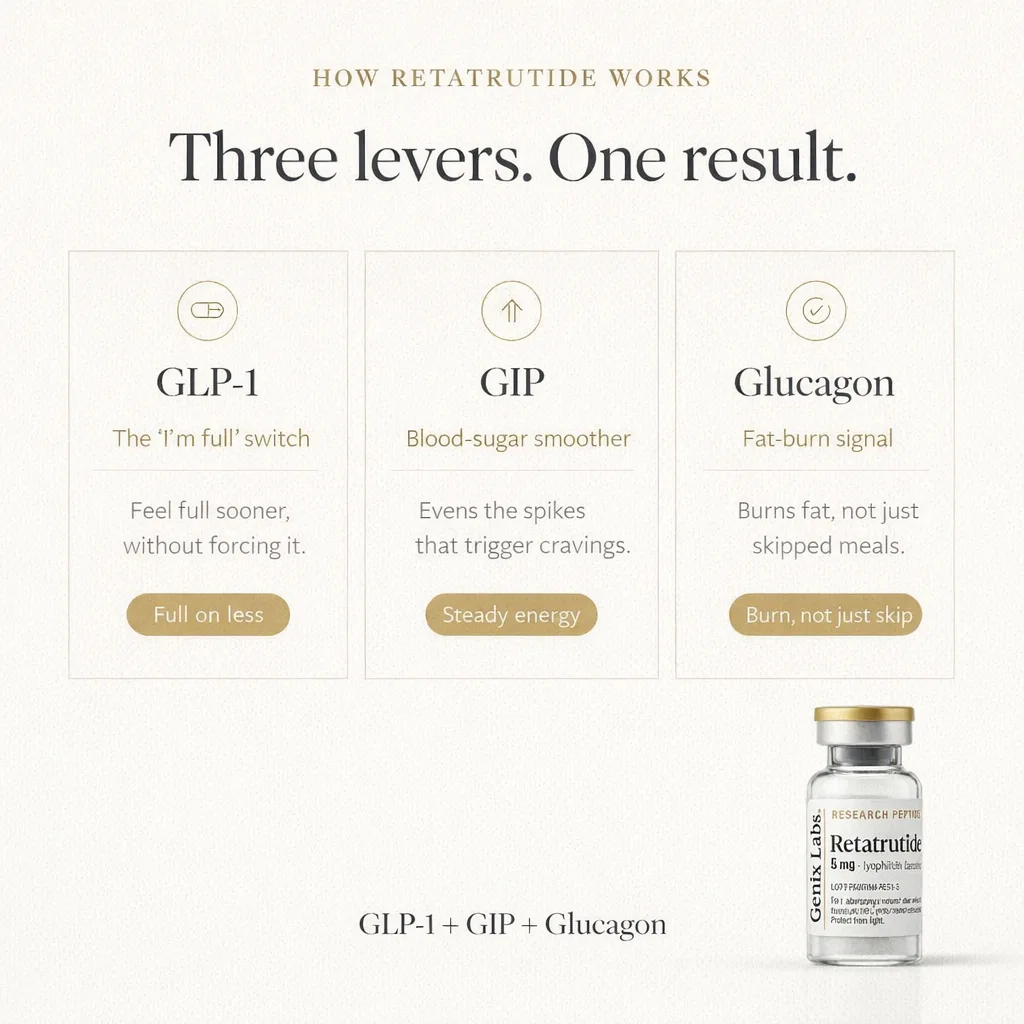 How retatrutide works: GLP-1 the fullness switch, GIP the blood-sugar smoother, glucagon the fat-burn signal